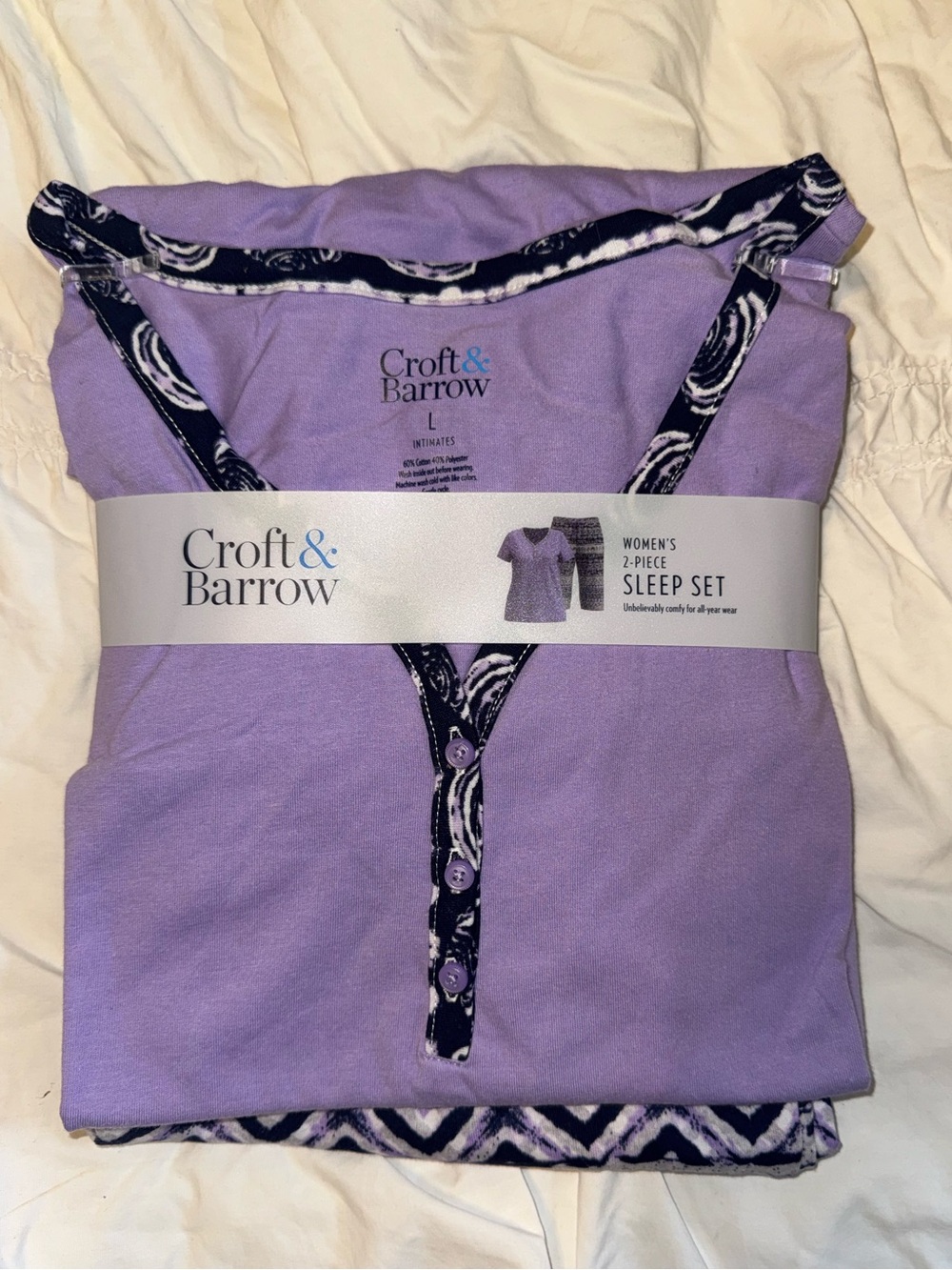 Croft & Barrow Lavender Two-Piece Women's Sleep Set with Navy Pattern